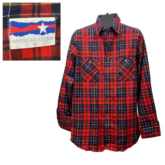 Vintage Red Plaid Checked Cotton Button Up Flannel Shirt / Men’s Large - Picture 1 of 5